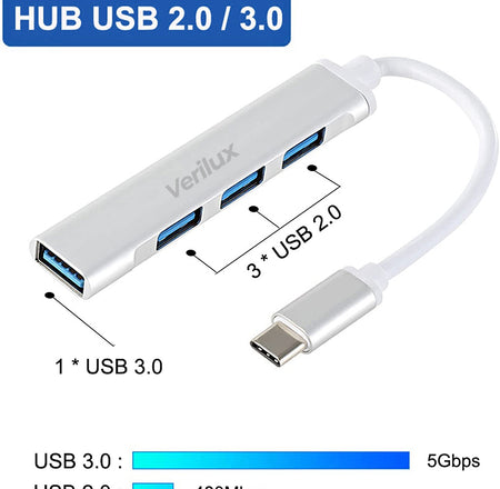 Verilux USB C Hub, 4-Port USB Hub 3.0 with USB OTG, High Speed Aluminum Type C Hub Compatible for PC, MacBook, Mac Pro, Mac Mini, iMac, Surface Pro, XPS, PC, Flash Drive