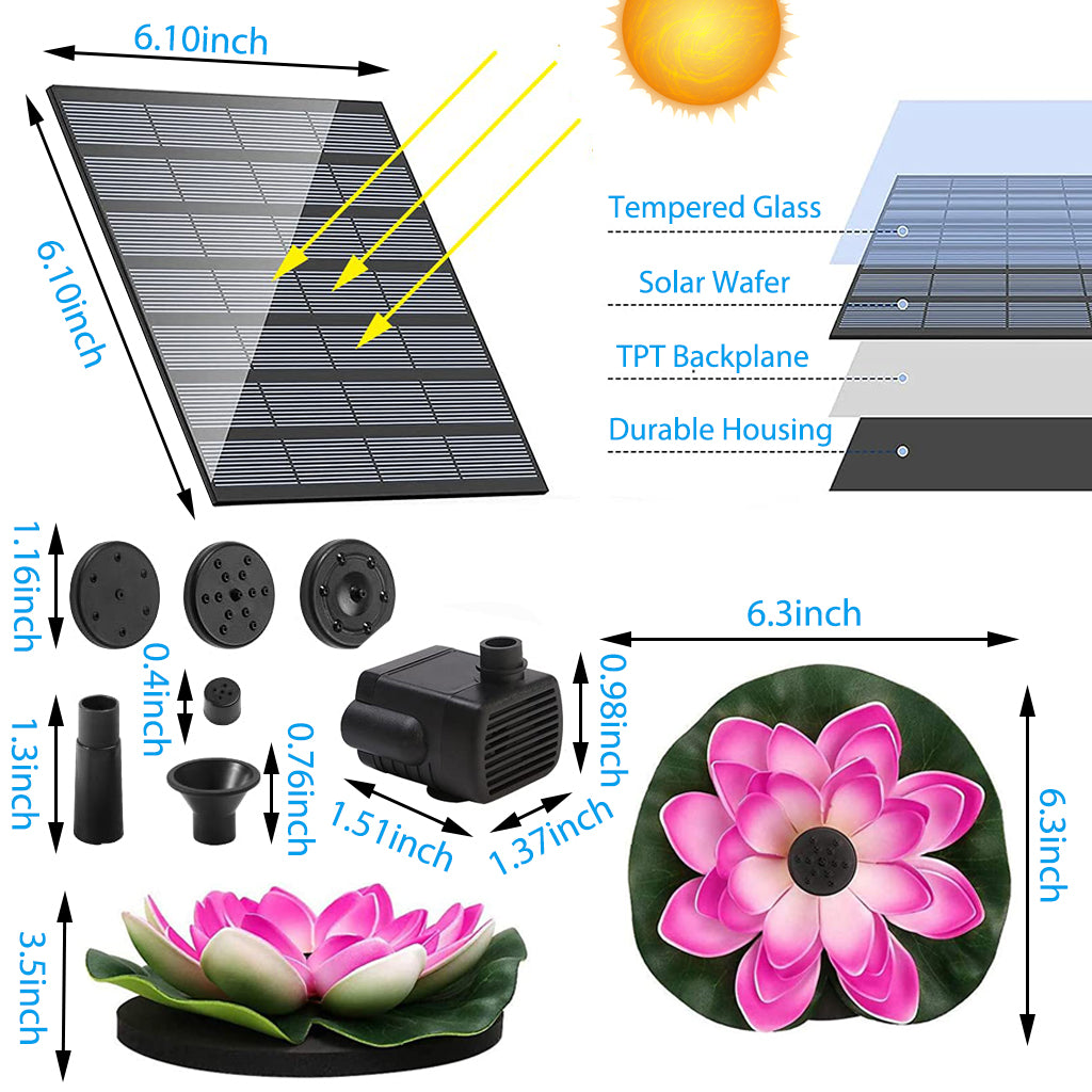 Verilux Lotus Fountain Solar Water Pump fountain pump for Pool Pond Garden and Patio Plants Round 7V 2.5W - verilux