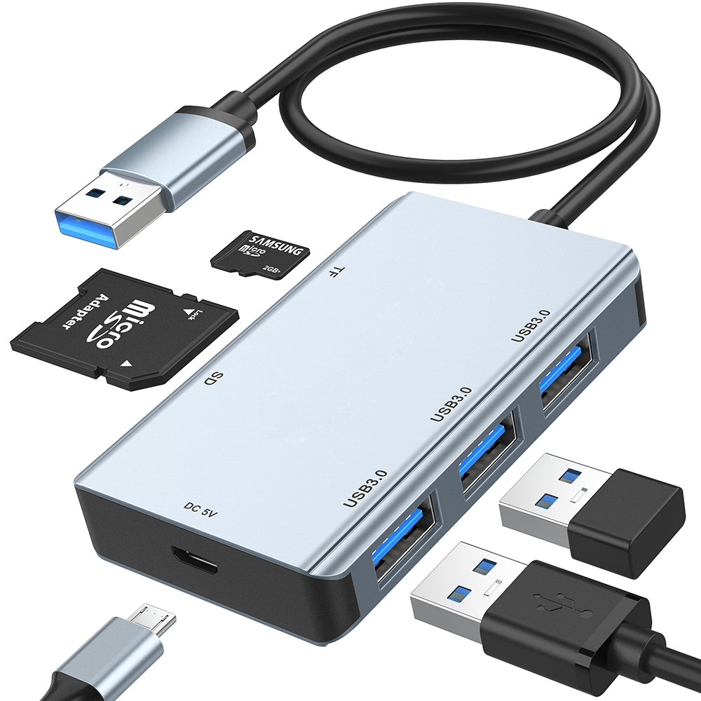 Verilux® USB Hub 3.0 for PC, 6 in 1 Multiport Adapter USB Hub with SD Micro, SD Card Reader, 3 USB3.0 Ports,DC 5V Charging Port Compatible