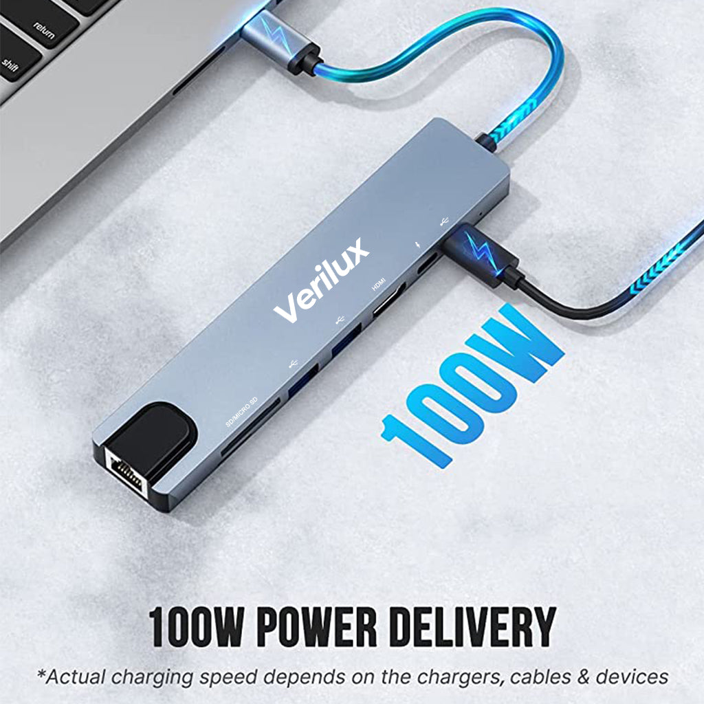 Verilux USB C Hub, 8 in 1 Portable Space Aluminum Type C Hub Multiport Adapter with 4K HDMI SD/TF Card Reader and RJ45 Ethernet,USB 3.0/2.0 Ports,100W Power Delivery,for MacBook Pro,Pixelbook,XPS