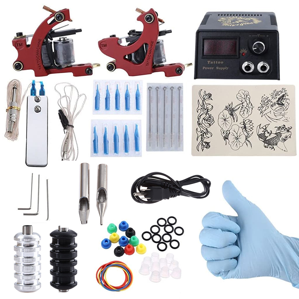 Verilux Complete Tattoo Kit 2 Tattoo Machines Power Supply System (Red, THREE PIN US PLUG) - verilux