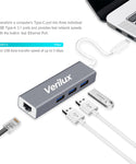 Verilux USB C Hub,Type C Hub,10/100Mbps Aluminum USB Ethernet Adapter with RJ45 Network LAN Port and 3 USB 3.0 Ports for PC, MacBook, Mac Pro, Mac Mini, iMac, Surface Pro, XPS, PC, Flash Drive