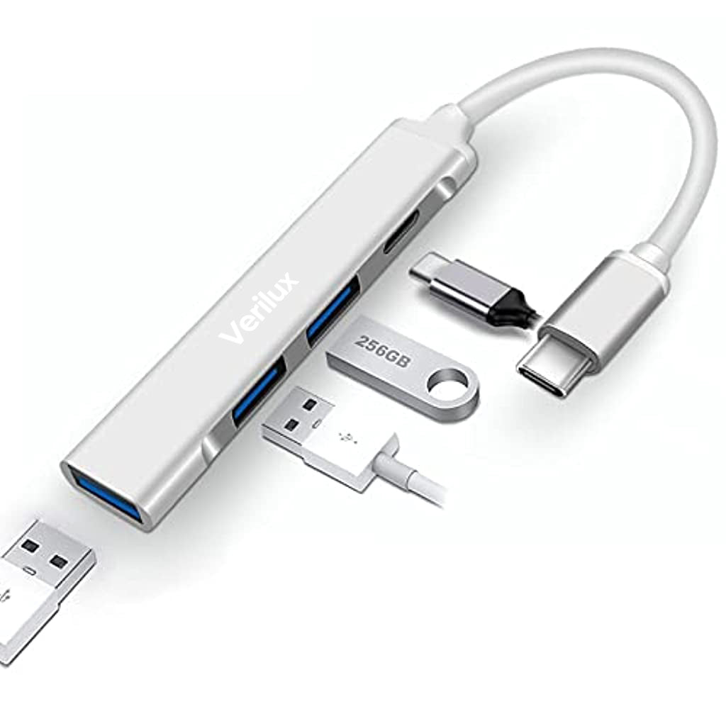 Verilux USB C Hub,4-in-1 Type C Hub,with 1 USB 3.0, 2 USB 2.0 Ports for Laptop and Other Type-C Devices,Compatible with Windows 10.8.7, Vista, XP, Mac 10.4.6-Silver(Don't Support Mac M1 System)