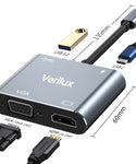 Verilux USB C Hub, 4 in 1 Aluminum Multiport Adapter with 4K@30Hz HDMI, 1080P VGA Adapter, USB 3.0 Port, 87W Power Delivery Port for MacBook Pro/Air 2020/2019/2018 and More Type C Devices