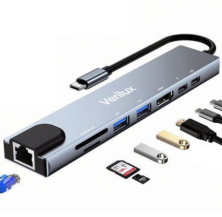Verilux USB C Hub, 8 in 1 Portable Space Aluminum Type C Hub Multiport Adapter with 4K HDMI SD/TF Card Reader and RJ45 Ethernet,USB 3.0/2.0 Ports,100W Power Delivery,for MacBook Pro,Pixelbook,XPS