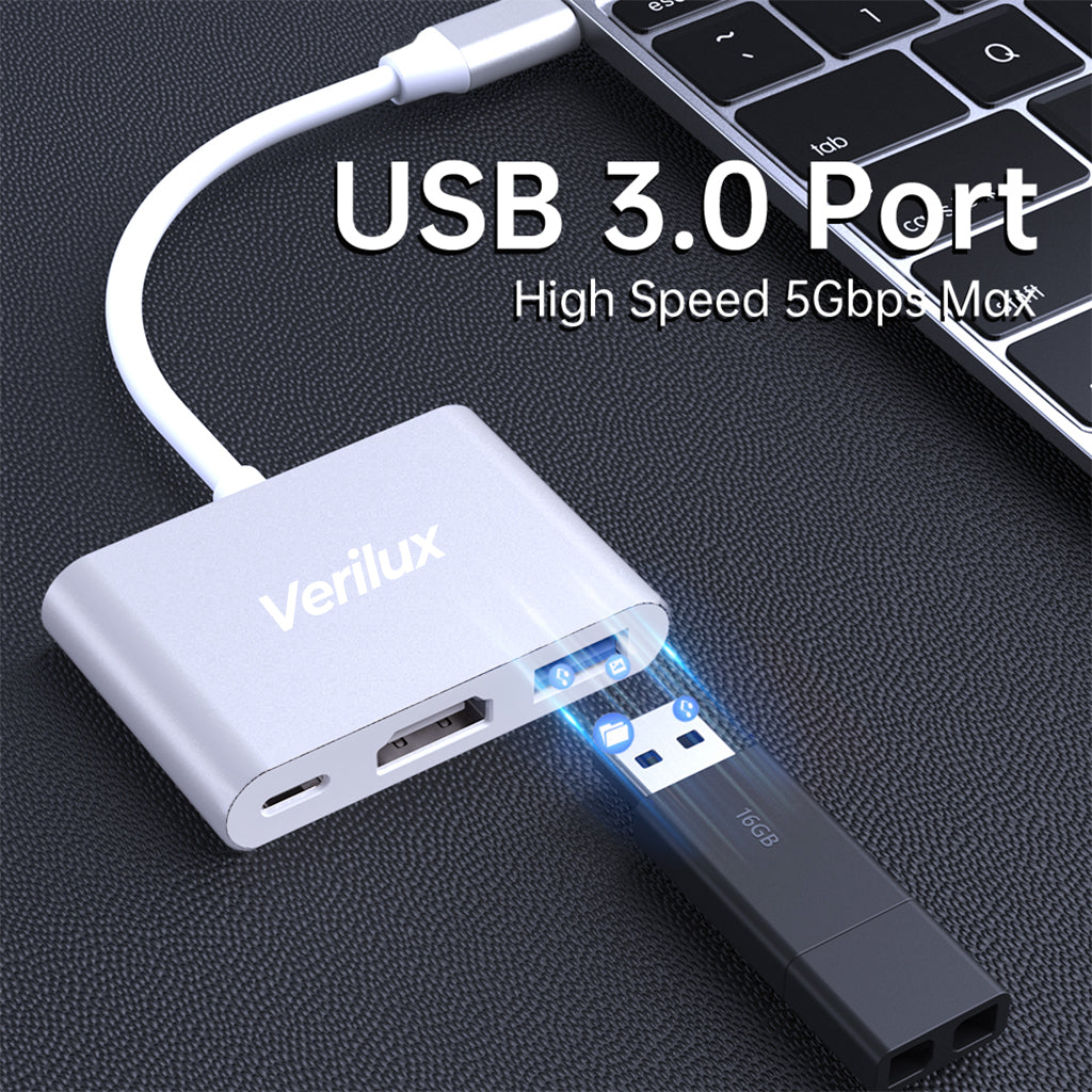 Verilux® USB C Hub,USB C to HDMI Adapter, 3 in 1 USB Type C Hub with USB C PD Port, HD 4k@30HZ HDMI, USB3.0 Port Compatible