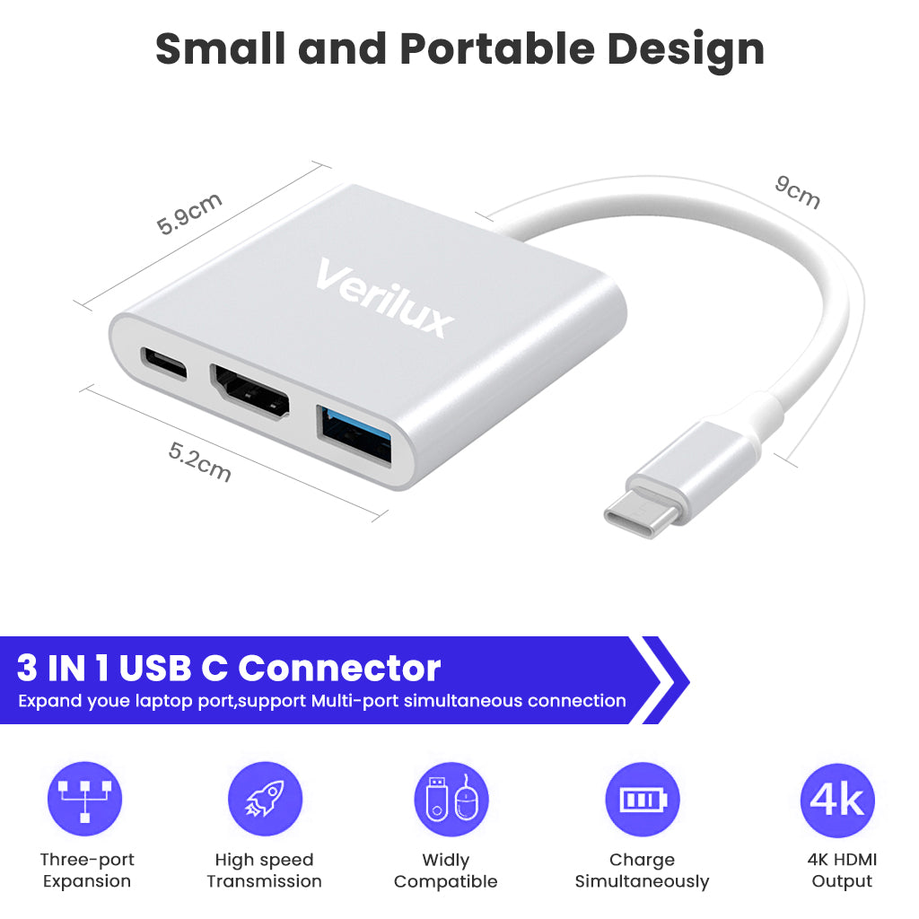 Verilux® USB C Hub,USB C to HDMI Adapter, 3 in 1 USB Type C Hub with USB C PD Port, HD 4k@30HZ HDMI, USB3.0 Port Compatible