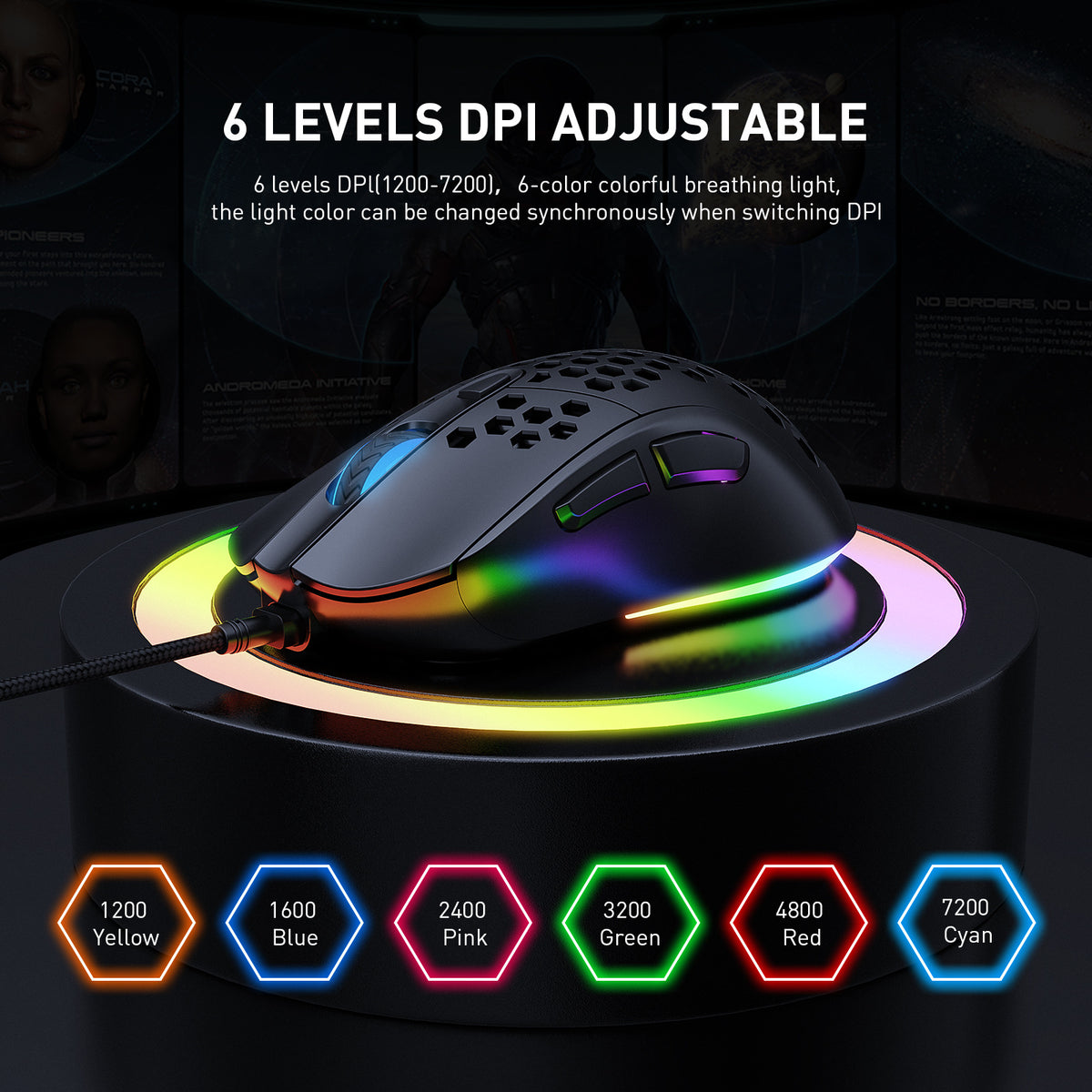 Verilux® RGB Wired Gaming Mouse Honeycomb Lightweight Ergonomic Mouse Max 7200 DPI Ultra Smooth Tracking
