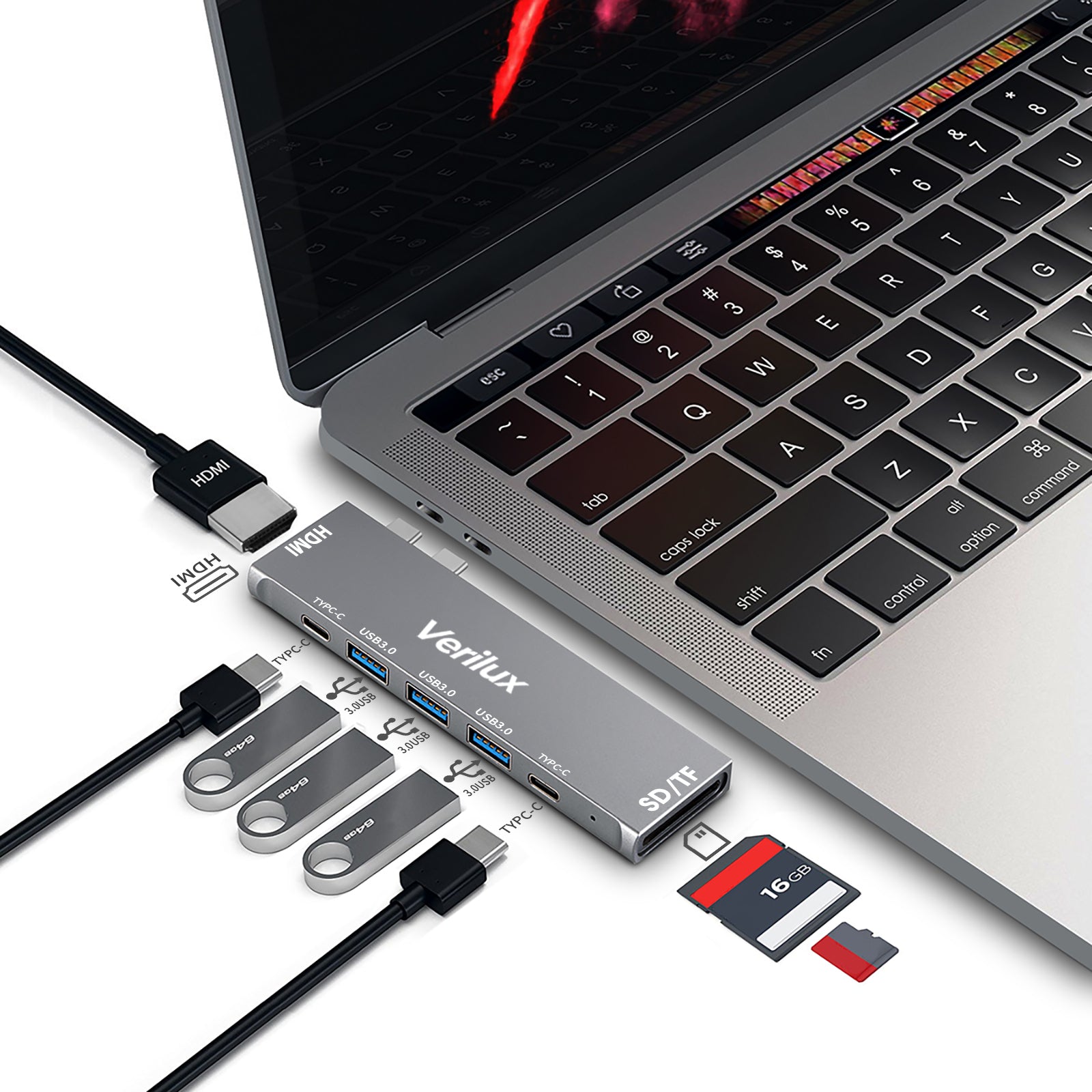 Verilux® USB C Hub Adapter,8 in 2 Multiport MacBook Pro USB-C Accessories with 3 USB 3.0 Ports,4K HDMI,TF/SD Card Reader,Thunderbolt 3 Port,USB-C Port,100W PD Port